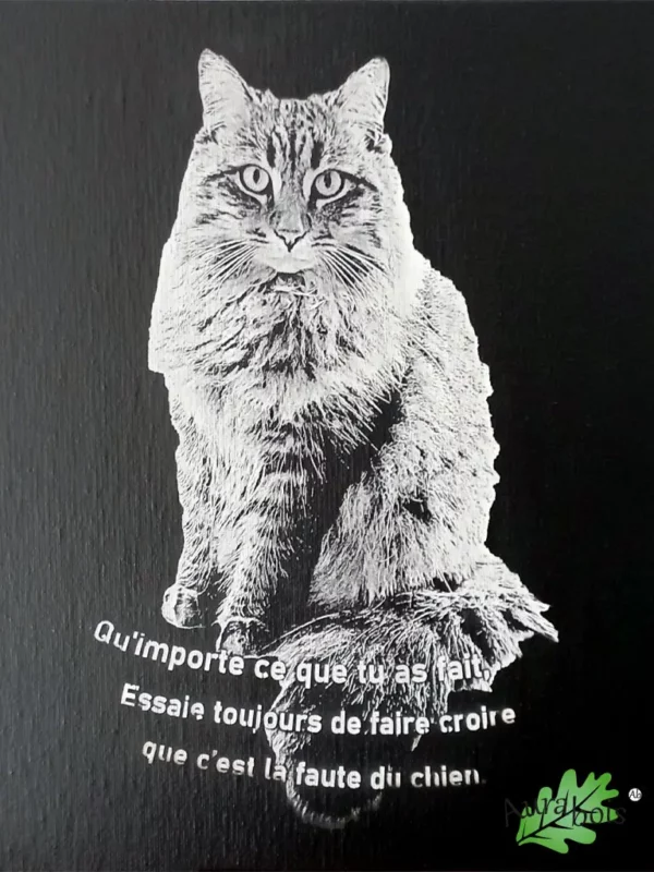 Toile tendue châssis bois, peinte en noir et blanc gravure de chat faite au laser.