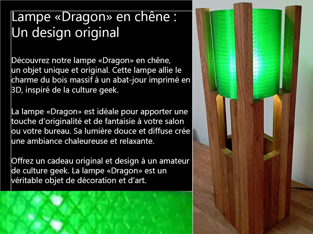 Lampe original avec abat jour impression en 3d écaille. Bois de chêne.